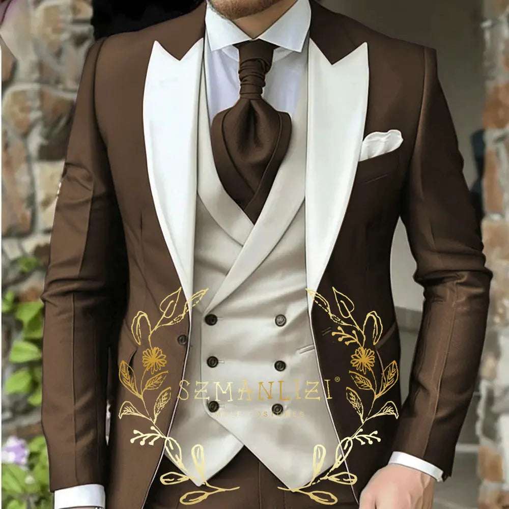 Classic Men's Suit 3 Piece Tuxedo Peaked Lapel Groomsmen Wedding Suits Set Fashion Men Business Blazer Pants Vest