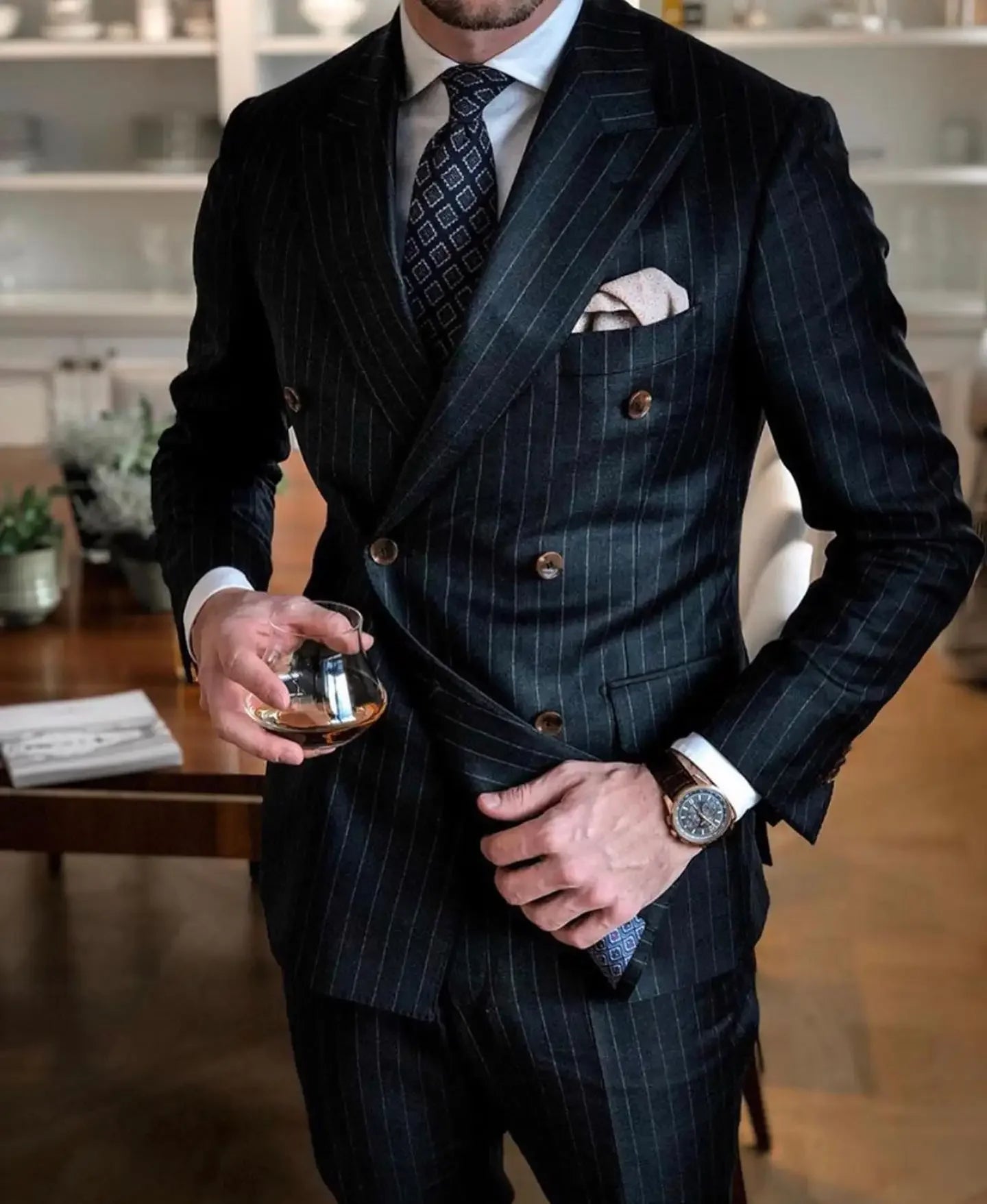 Latest Design Houndstooth Jacket Men‘s Suit Set Brown Pant Peaked Lapel Double Breasted Blazer