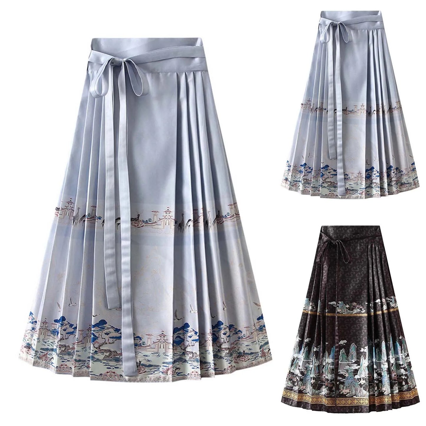Fashion Vintage Printed Skirts for Ladies Women's High Waist Skirt With Bow Tie