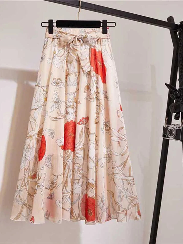 Chiffon Sun School High Waist Midi Skirt