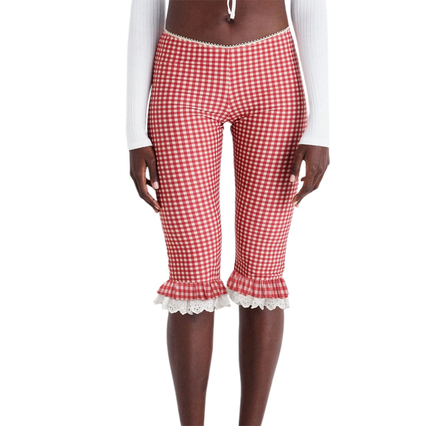Women s Checkered Capri Pants with Lace Ruffles and Stretchy Cropped Leggings for Summer Casual Wear