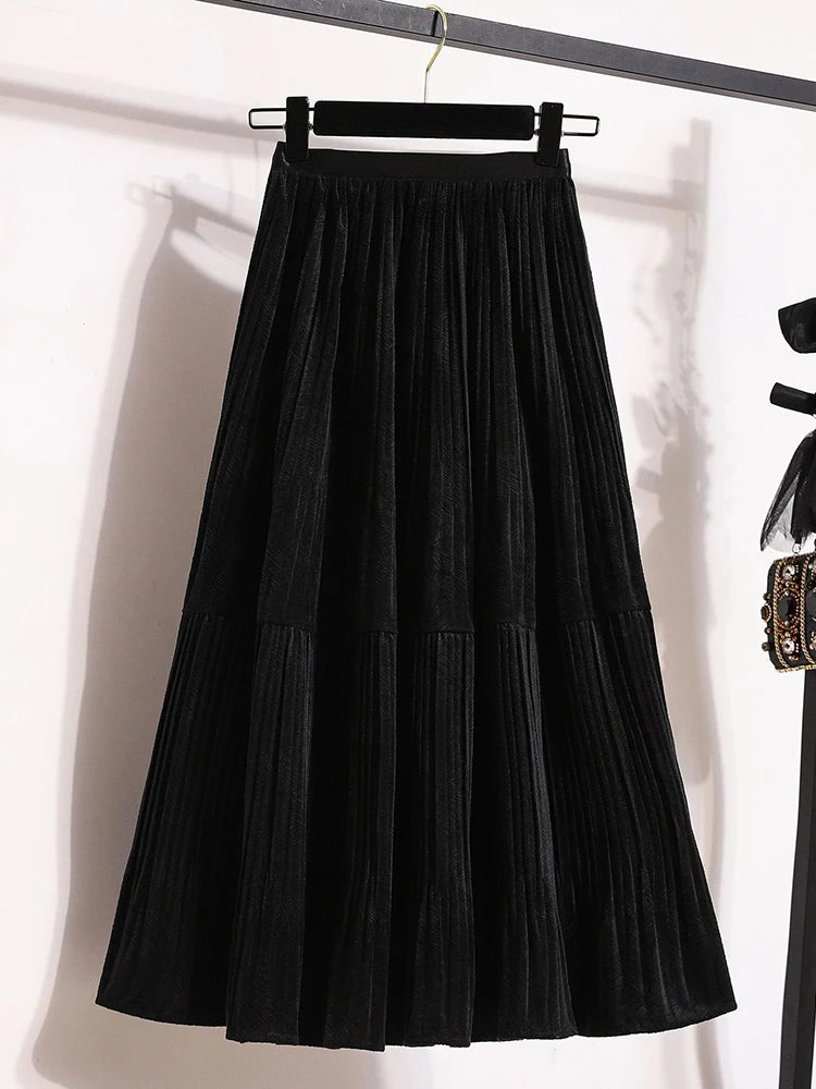 Velvet  Umbrella Skirt Folded High Waist  Medium Long  A-line
