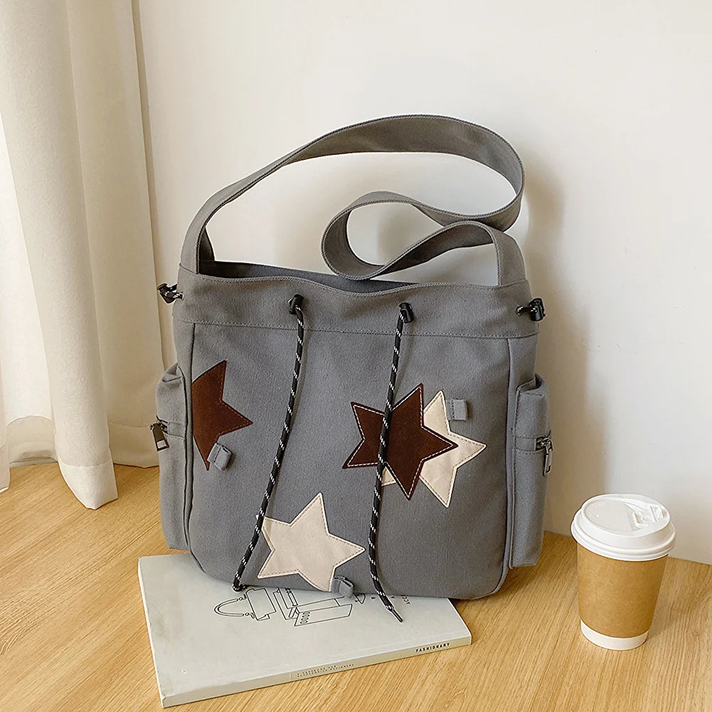 Women Casual Satchel Bag Large Capacity Canvas Star Applique  Street Style School Bag for Teens Students