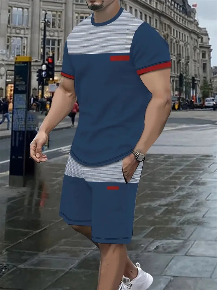 Men's Short-sleeved Shorts Suit Summer Fashion Round Neck T-shirt, Shorts Two-piece Street Shooting Casual Clothing