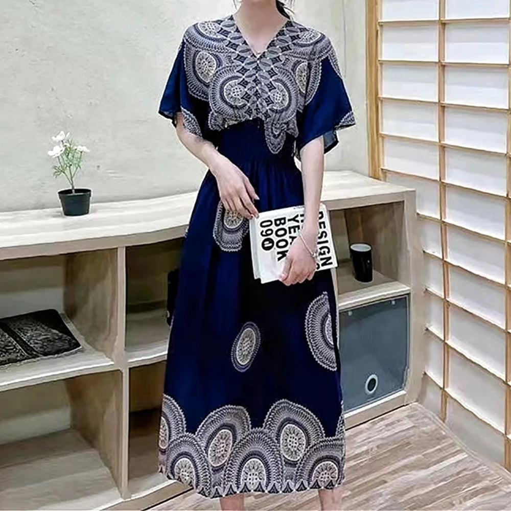 Colorful Flower V-neck Elastic Youthful Bohemian Sweet Midi Dress Woman Clothes Chic Fashion Summer Dresses
