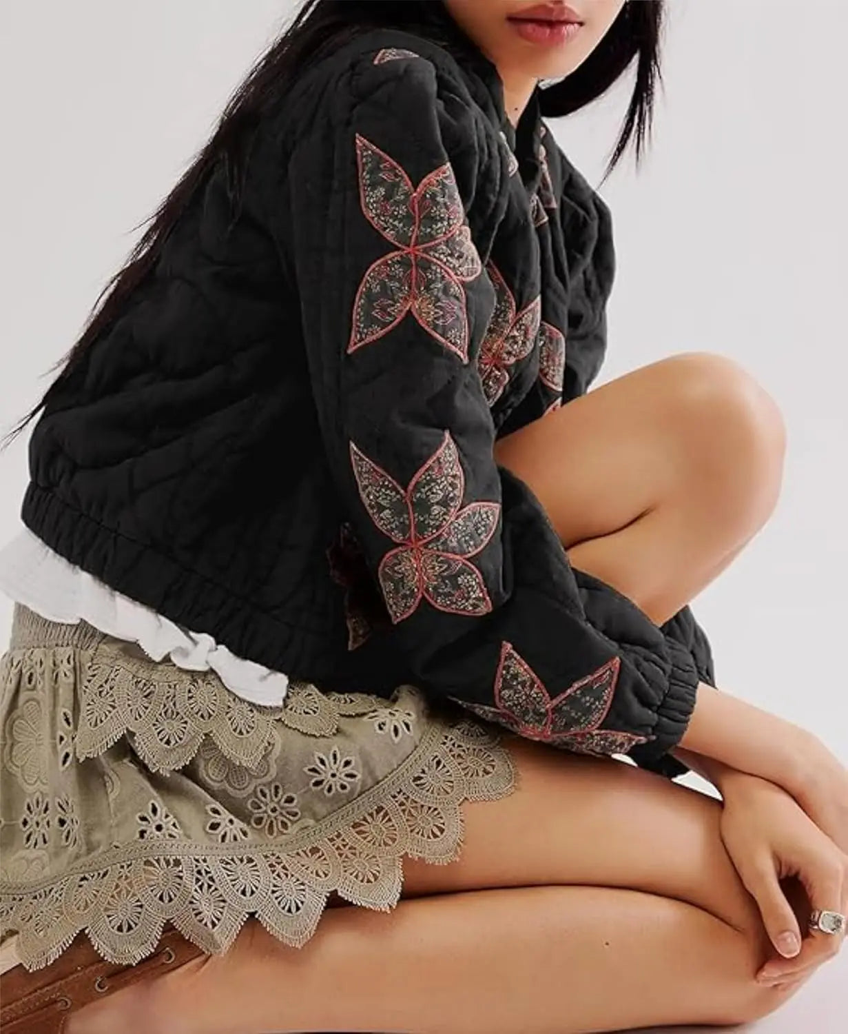 Cropped Lightweight Flower Quilted Jacket Embroidery Puffer Outerwear Coats
