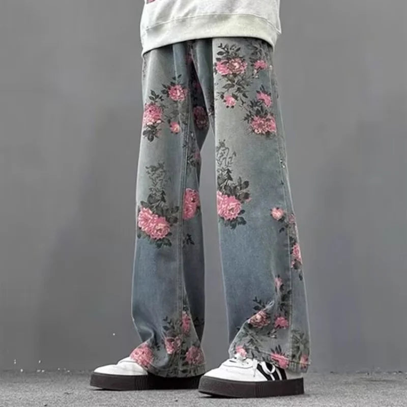DM Street hip-hop men and women trendy straight leg personalized rose blossom jeans American couple loose retro casual pants