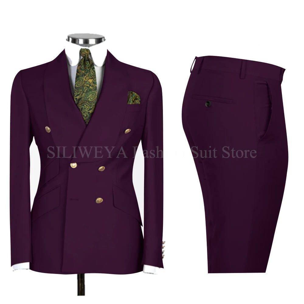 Gold Men Business Casual Men's Suits Jacket Pants Set Male Blazer Coat Pants 2PCS Slim Fit Suits