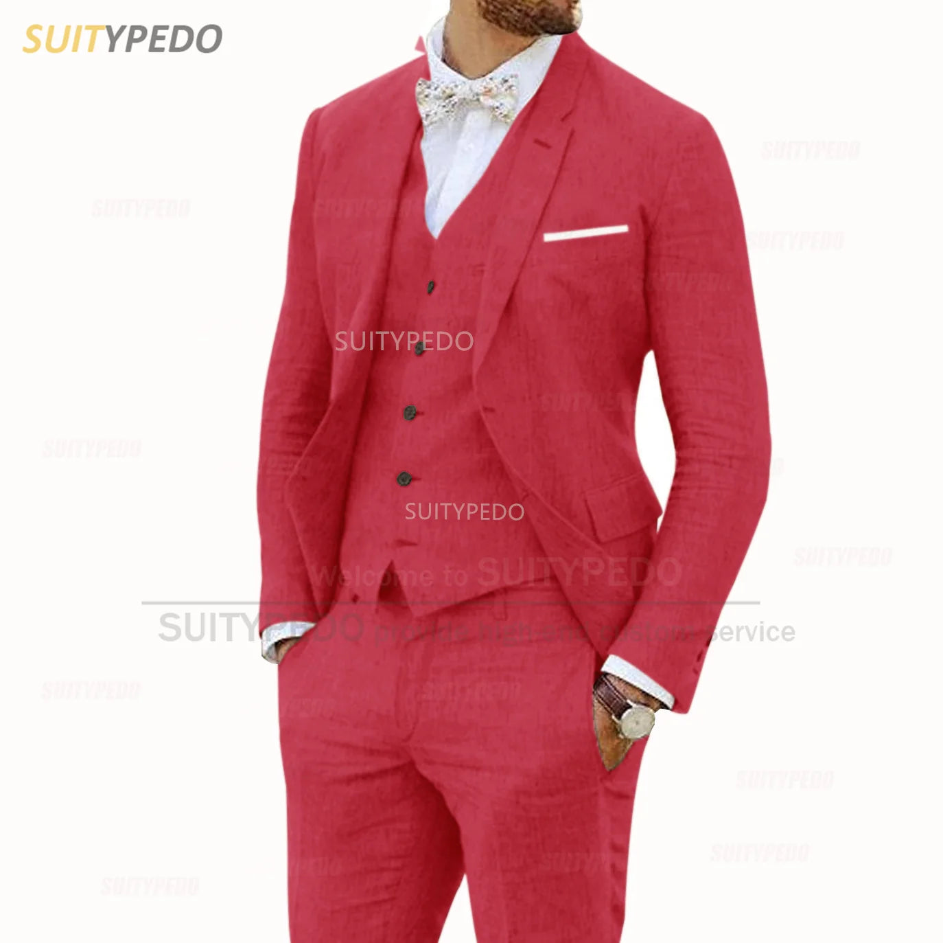 Linen Suits for Men 3 Pieces Casual Slim Fit Suit Blazer Vest Pants Set Formal Prom Wedding Tuxedos for Groomsmen Best Man