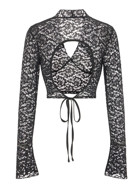Elegant Lace Tops with Flared Sleeves and Tie-Up Back Detail for Women s Casual Chic Blouses