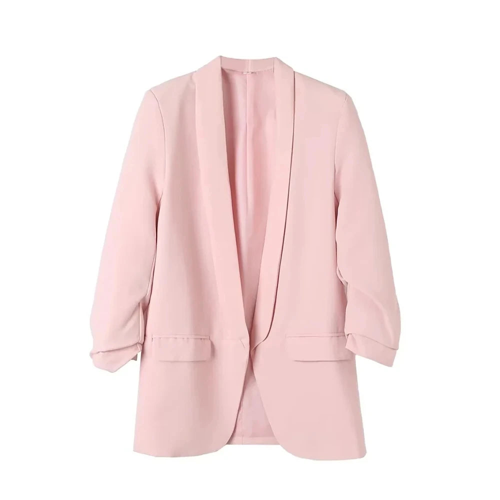 Fashion Office Wear Open Blazer  Vintage Long Pleated Sleeves Flap Pockets Female Outerwear Chic Tops
