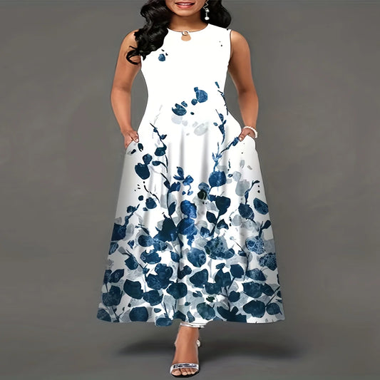 Flirty Floral Print Maxi Dress - Bohemian Chic, Sleeveless Crew Neck with Keyhole - Pockets for Women - Perfect Casual Summer Dr