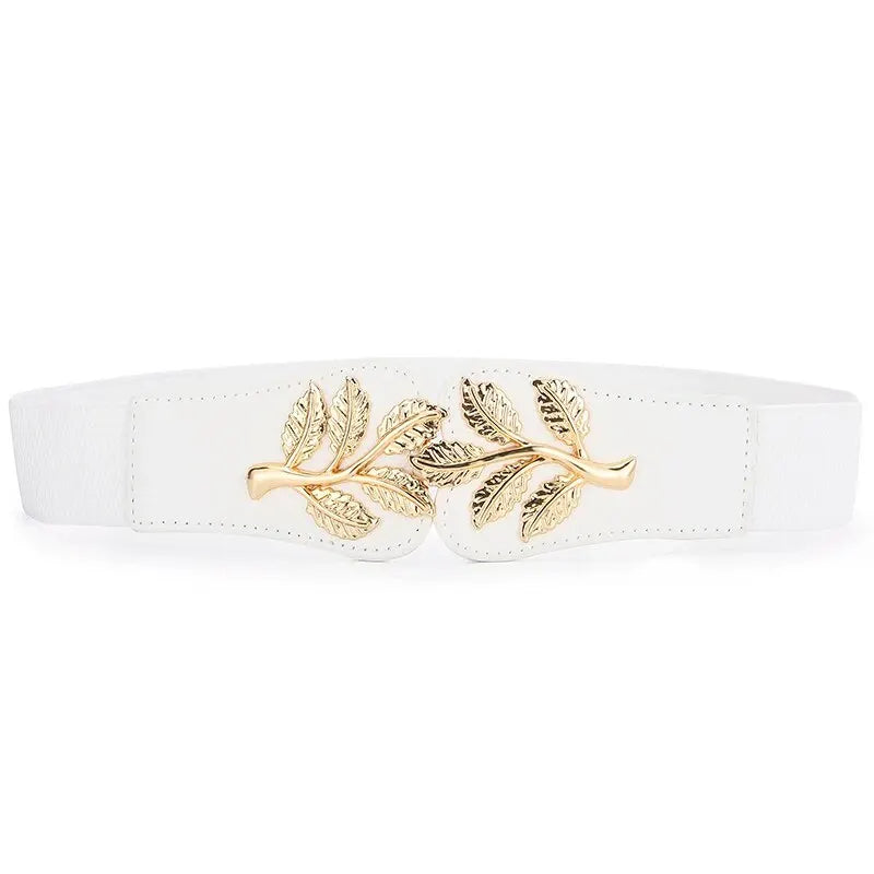 Women's Belt Fashion Waist Cover Golden Leaf Elastic Waist Closure With Double Hook Buckle Wide Belts Paired With Skirt