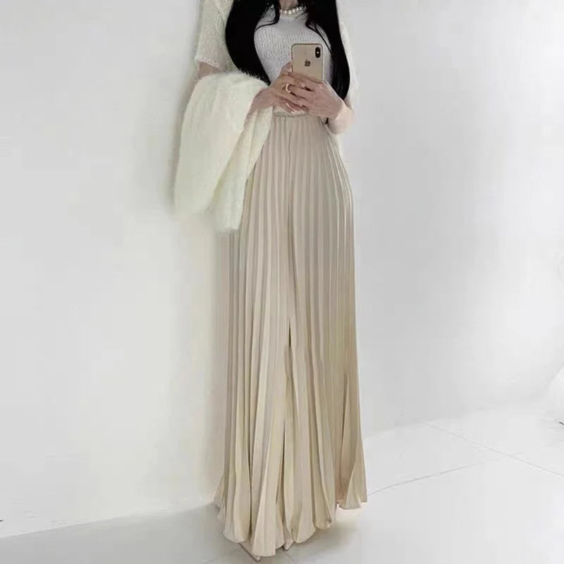 Casual Office  Pleated Skirt  Hight Waist Solid Long Skirt