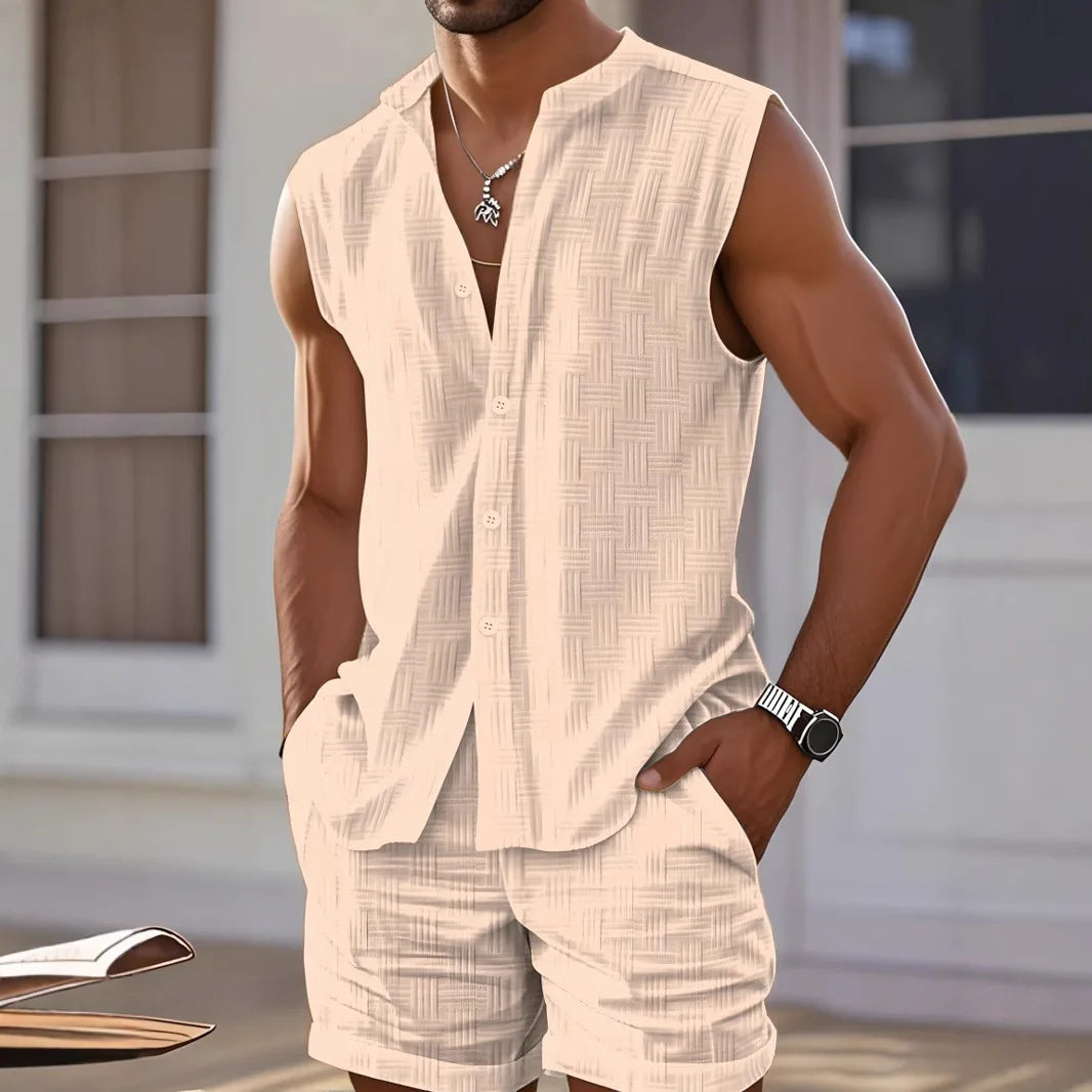 European and American 2pcs vest shirt shorts fashionable casual set loose sleeveless top sports beach shorts summer men