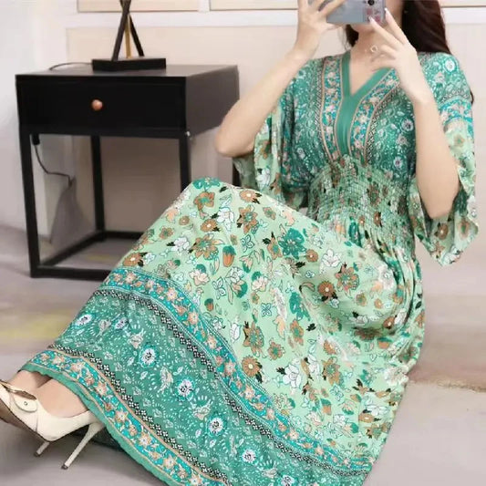 Colorful Flower V-neck Elastic Youthful Bohemian Sweet Midi Dress Woman Clothes Chic Fashion Summer Dresses