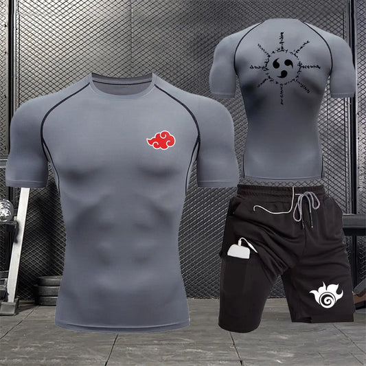 Jogging Breathable Compression Sportswear Summer Men's Training Two-piece Tight T-shirt Fitness Shorts Gym Workout Set S-3xl