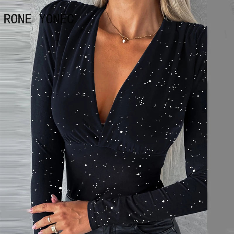 Chic Glitter Basics Deep V Neck Long Sleeves  Blouse