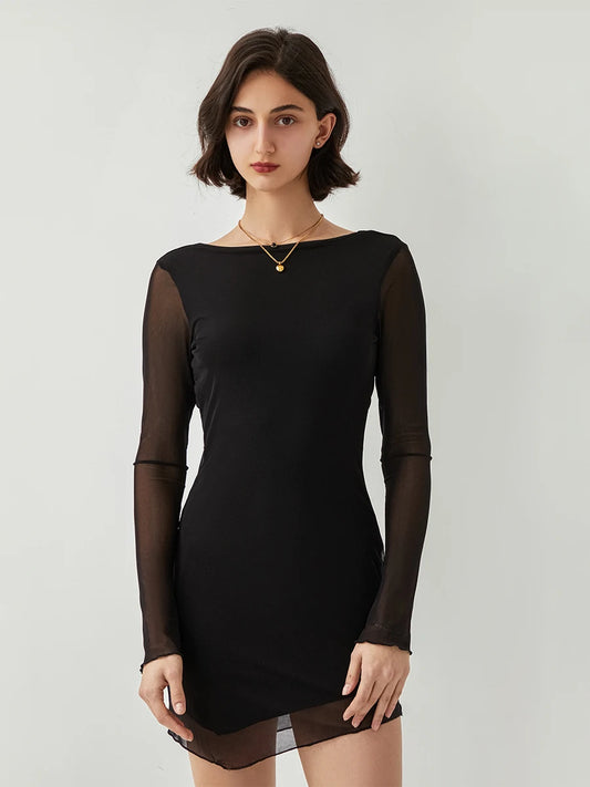 Mesh Dress Casual Long Sleeve Patchwork Backless Party Mini Dress