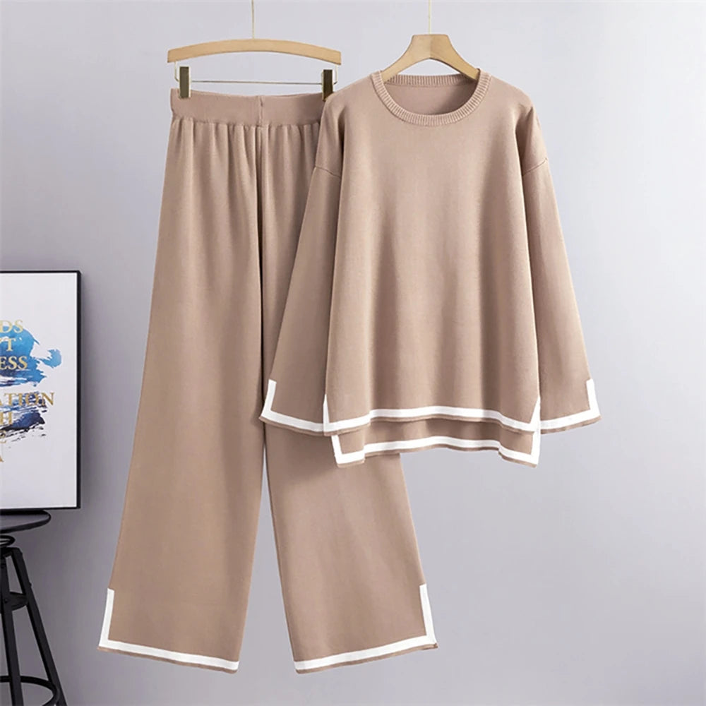 Elegant O-neck Side Slit Pullover Long Sleeve Sweater + Wide Leg Pants 2 Piece Sets Women's  Solid Color Casual Pantsuit