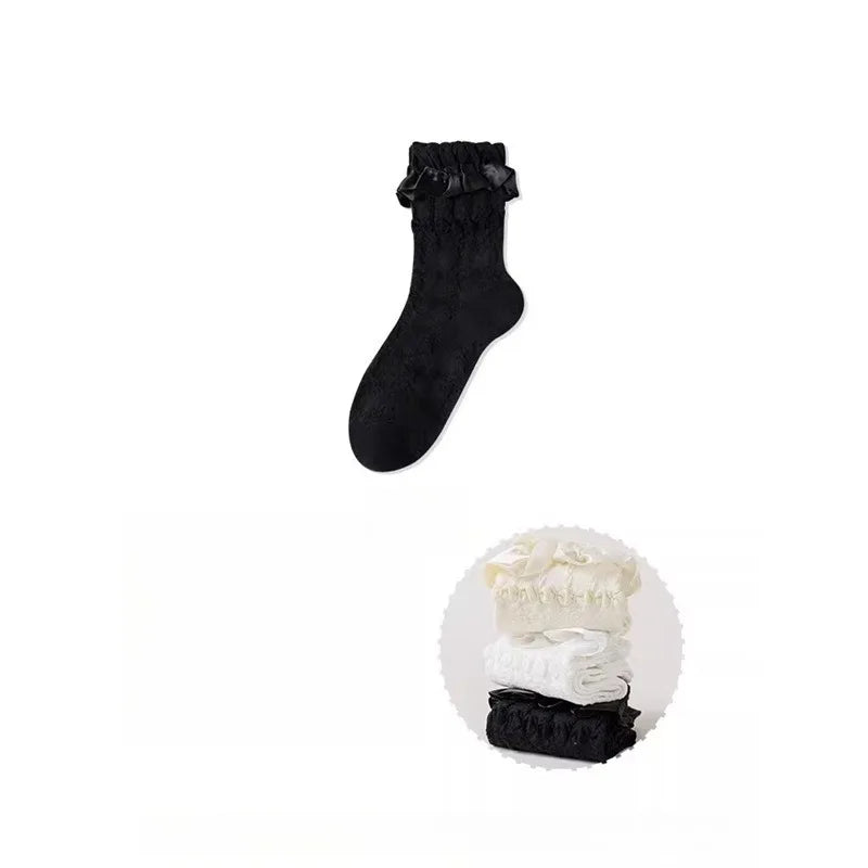 3 Pairs Woman Cute Black/White Socks Set Spring Summer Lady