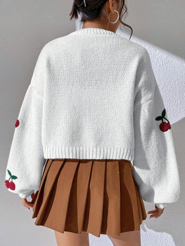Fashionable low shoulder cherry embroidery pattern cardigan commuter sweater women's loose jacket knitted sweater