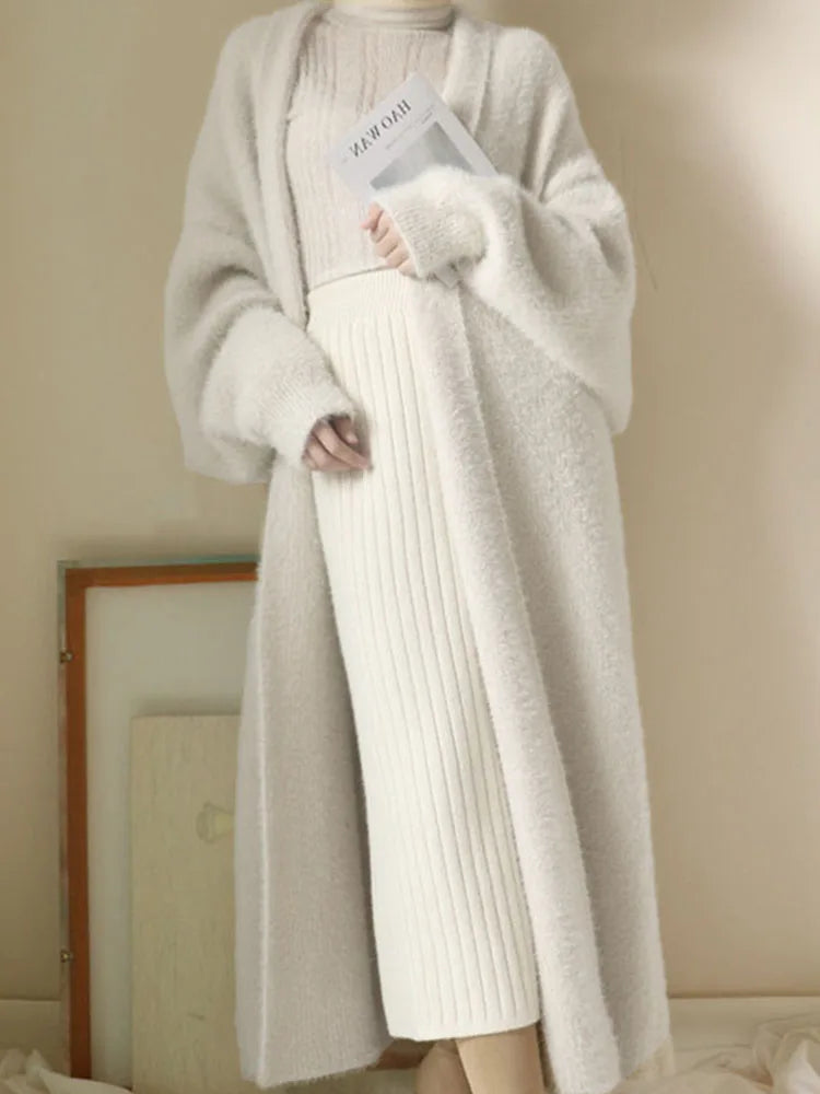 white Long Cardigan for women winter clothes Knitted fluffy long sleeve Cashmere sweater coat warm vintage