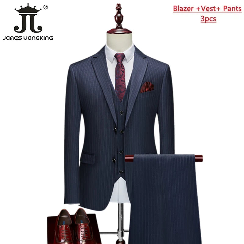 High-end Brand Classic Blue or Gray Plaid Men's Casual Business Suit Retro Official Suit Groom Wedding Dress Jacket Vest Pants