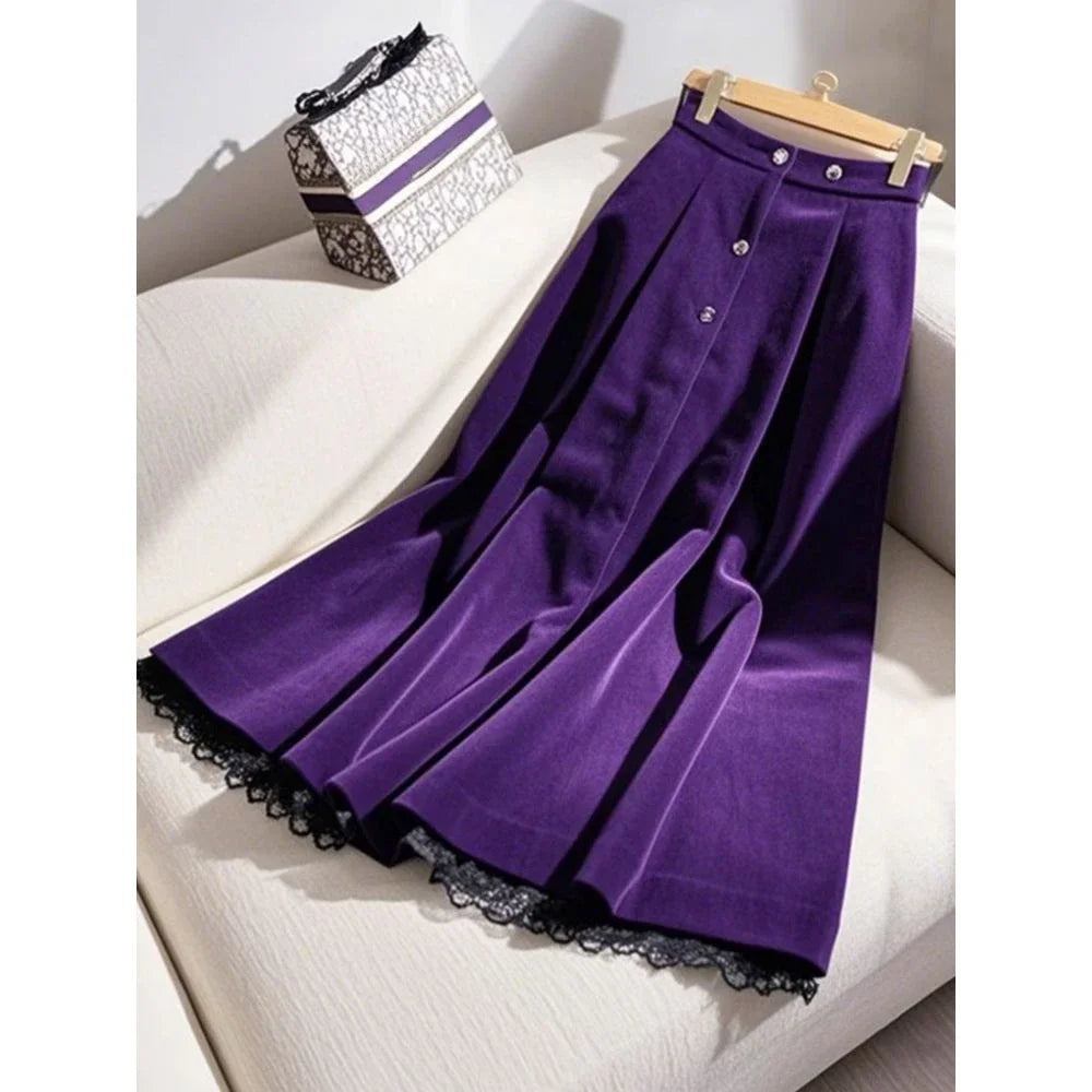Lace Velvet  Vintage  Long Skirt