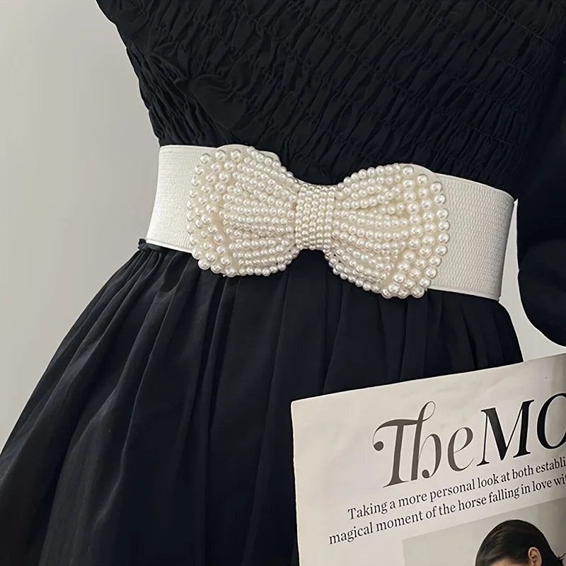 Women's Elastic Wide Belt Pearl Waist Cover Versatile Dress Decoration High Quality Wide Pearl Bow