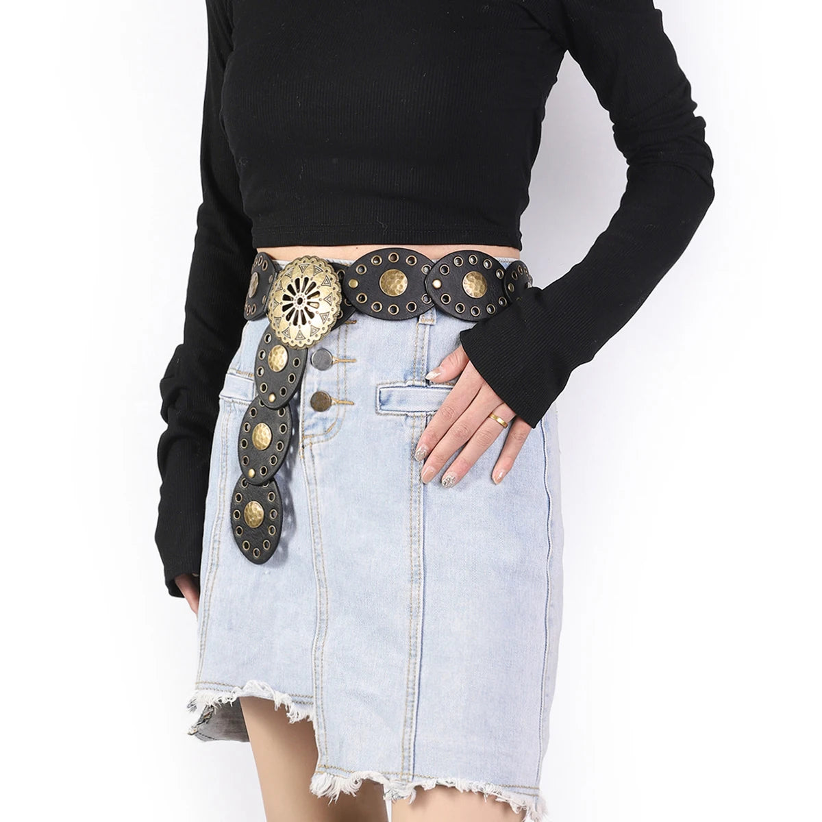 Retro design western cowboy belt personality round hollow metal wide belt for women