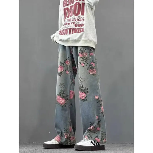 DM Street hip-hop men and women trendy straight leg personalized rose blossom jeans American couple loose retro casual pants