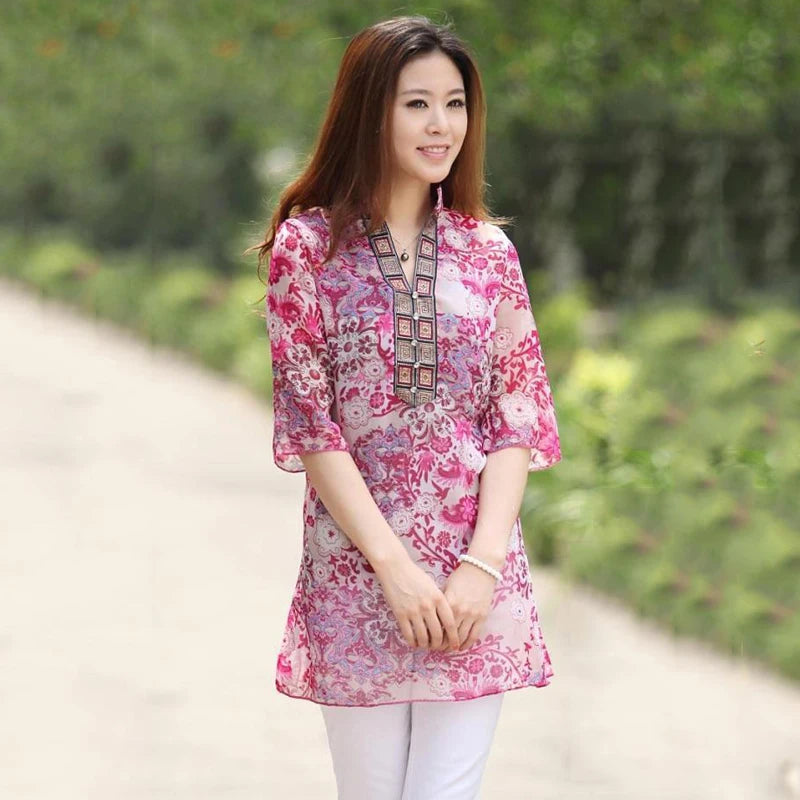 Long Chiffon Printing Flare Sleeve Floral Blouse