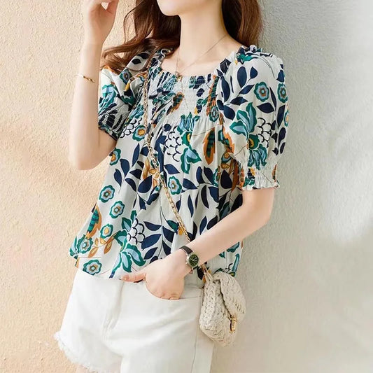 Square Collar Fashion All-match Printing  Puff Sleeve  Blouses