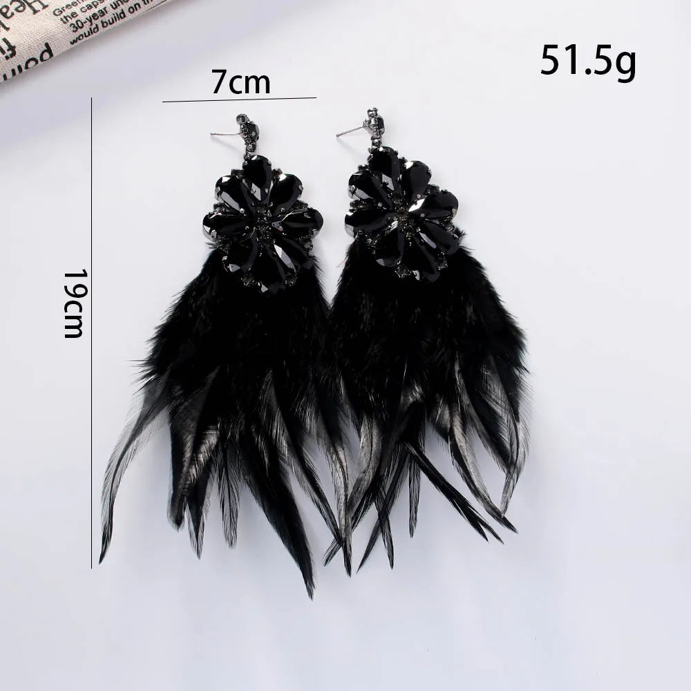 Black Feather Dangle Earrings Piercing Inlaid Rhinestone Hanging Earrings