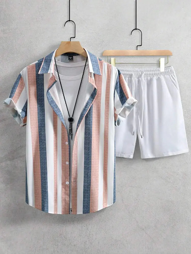 Summer Men's Shirt Shorts Two-piece Set Printed Casual Suit Men Short Sleeve Shirt Street Hawaiian Beach Shorts Outfits