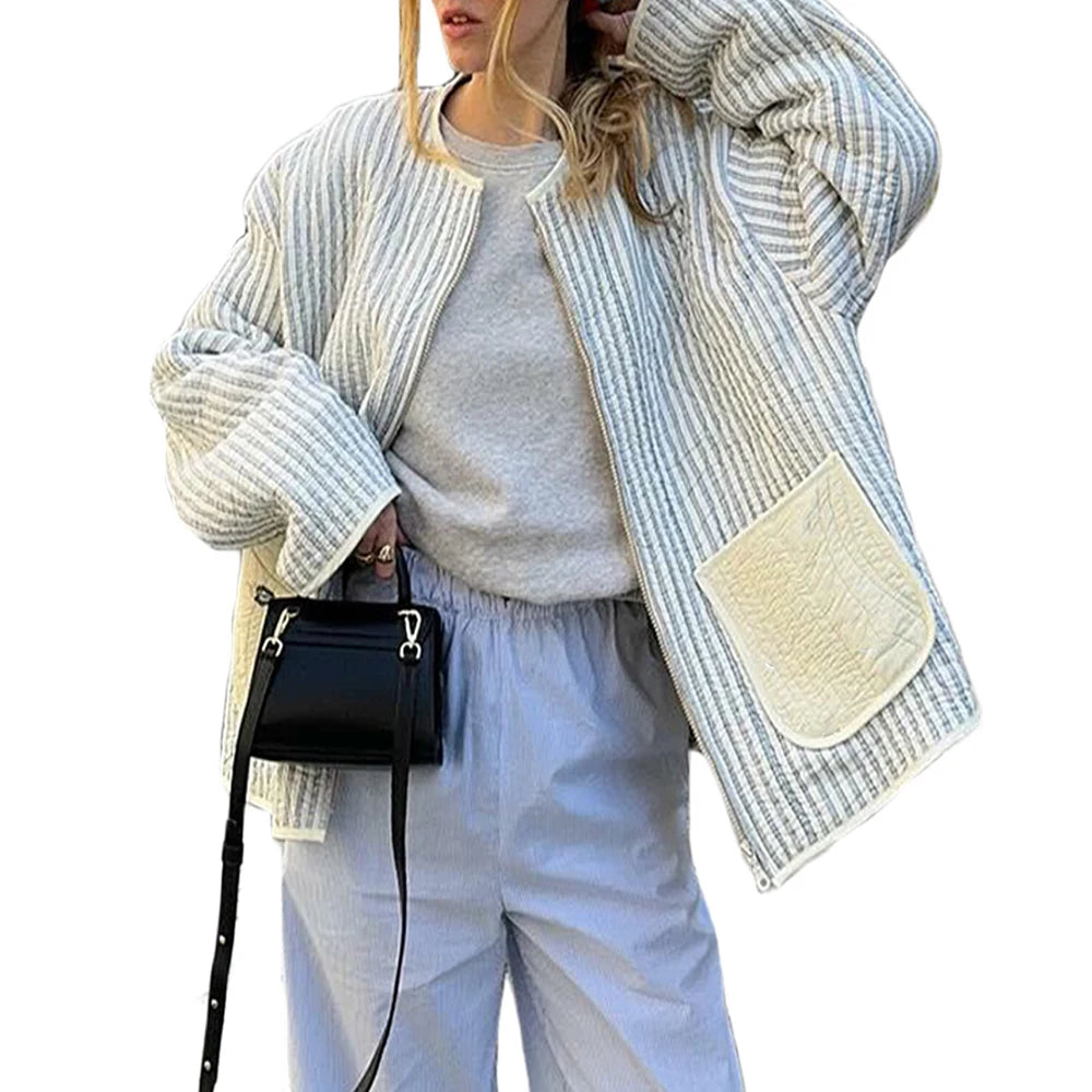 Floral Print Pocket Cardigan Quilted Jacket Elegant High Street Outerwear