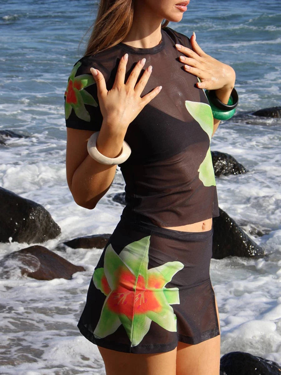 Women s 2 Piece Summer Set with Floral Print Sheer Mesh Short Sleeve Top and Casual Mini A-line Skirt in Matching Design