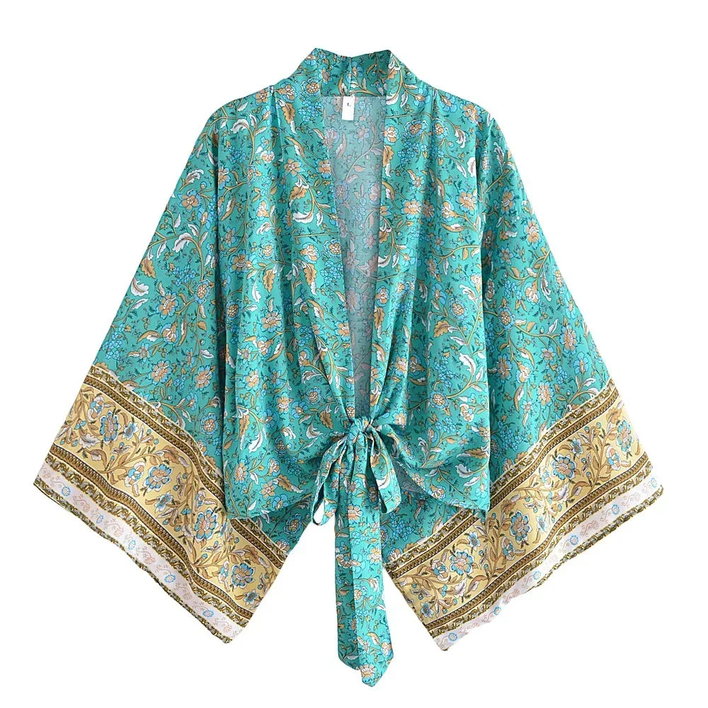 Hippie Queens Floral Print Sashes Short  Kimono Women Fashion V Neck Batwing Sleeves Lady Boho Bikini Cover-ups