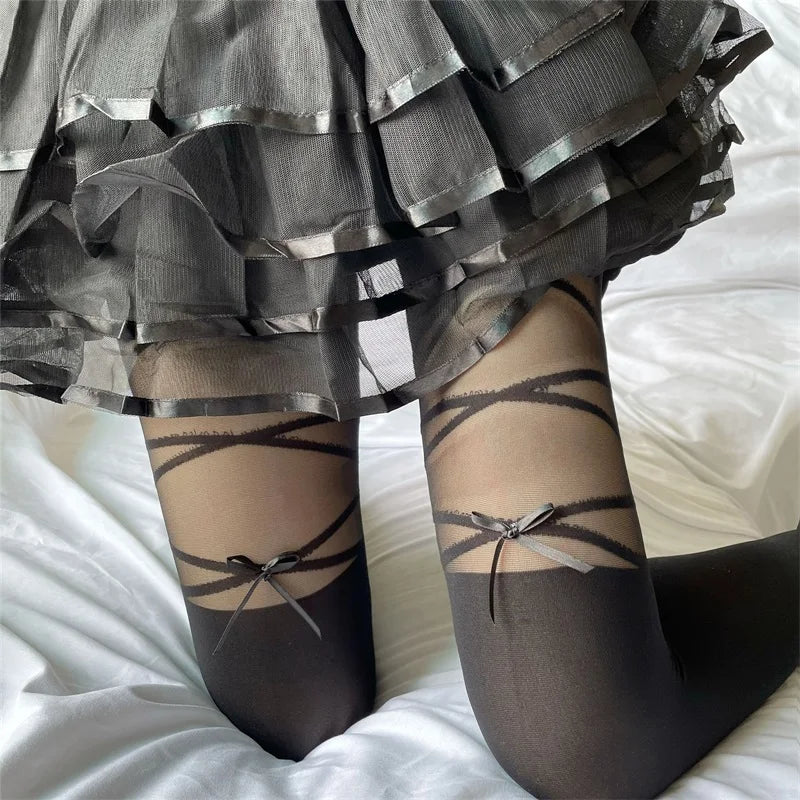 Fashion Thigh High Socks with Sheer Bow Tie Up Detail - Trendy Stockings