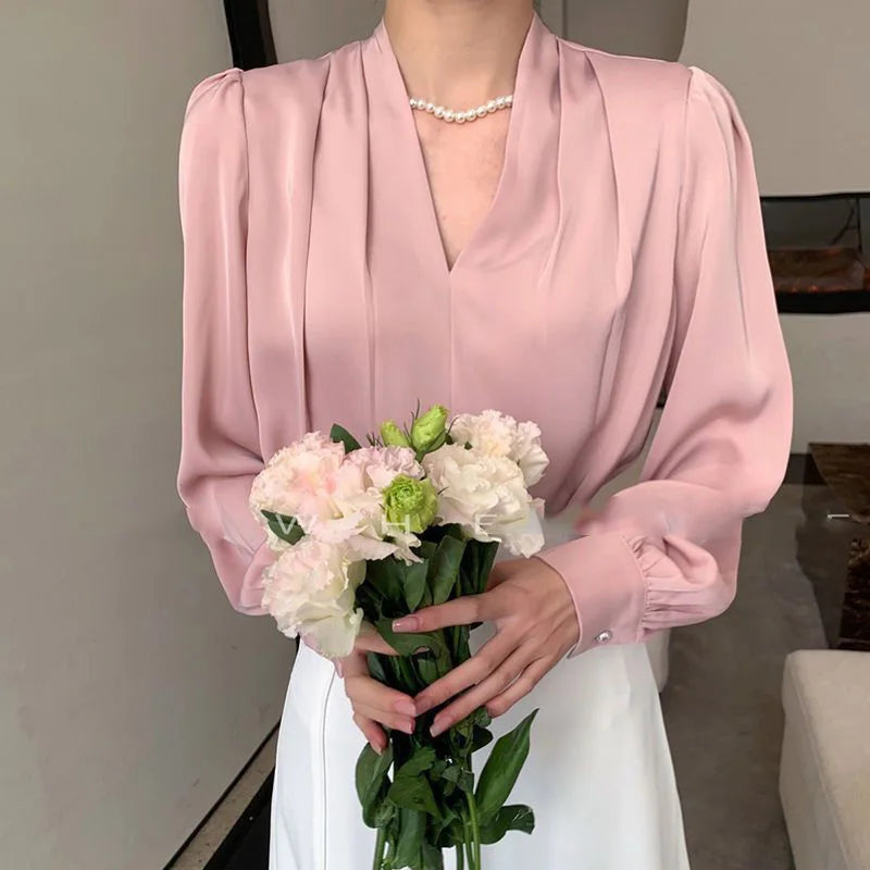 Elegant Fashion Solid Color Bohemian Office Deep V Neck Long Sleeve Tops