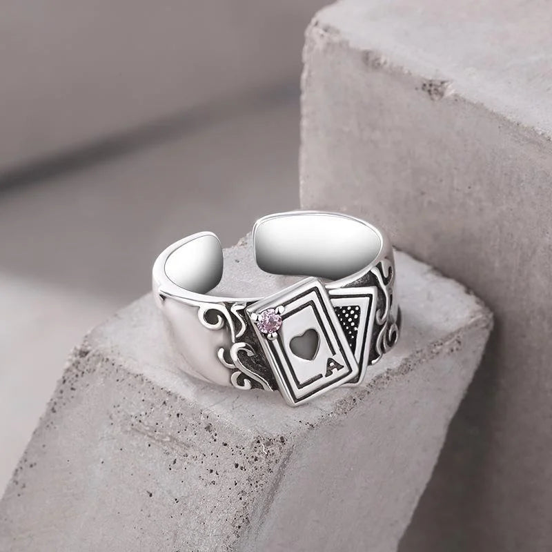 Vintage Lucky Poker Adjustable Open Rings For Women Men Playing Card Finger Stainless Steel Ring Fashion Party Jewelry