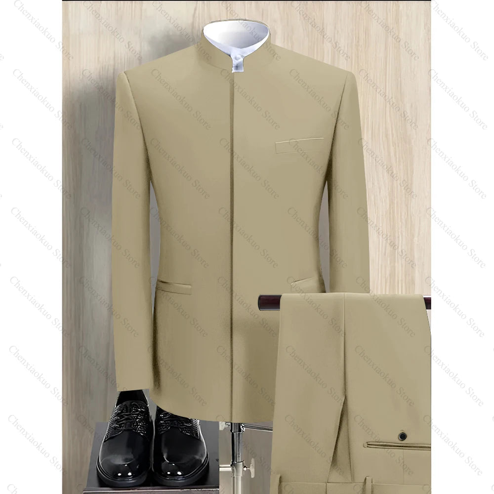 Fashion Solid Men Suits 2 Piece Stand Collar Long Sleeves Formal Outfits Chic Business Casual Wedding Tuxedo (Blazer+Pants)
