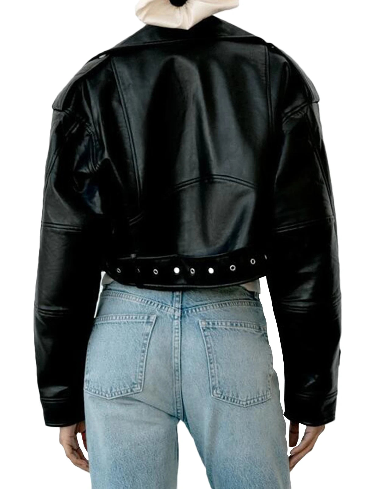 Faux PU Leather Jacket Casual Lady Lapel Zipper Short Leather Jacket High Street Motorcycle Coat
