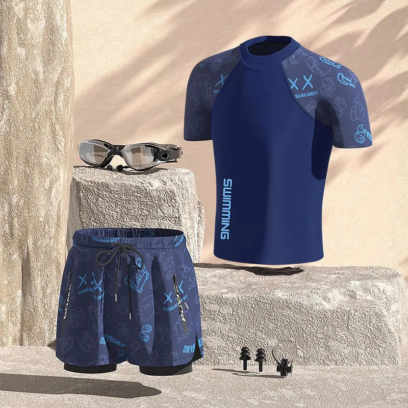 Men Professional Water Sports Competitive Swim Shirts+Trunks Glasses Cap Quick-Drying Beach Surfing Bathing Shorts Goggles Hat
