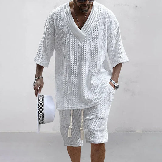 Spring and Summer Casual Shorts Set Knitted Two Piece Men's V-neck Short Sleeve T-shirt and Shorts Street Wear Knitted Set