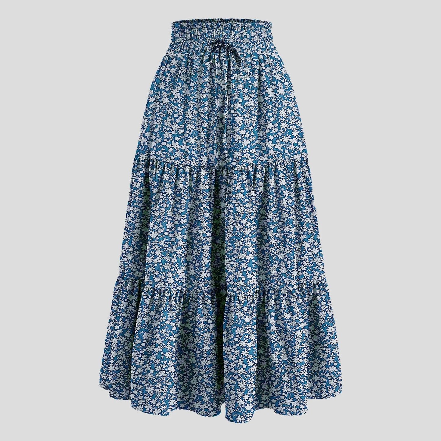 Women's Boho Vintage Floral Print Maxi Skirt Elastic High Waist Pleated Flowy A Line Long Skirts