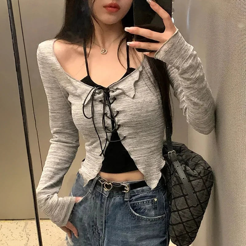 Two Piece Set Lace-up Cardigan with Cami Women's Sexy Slim Crop Long Sleeve Criss Cross Knit Tops