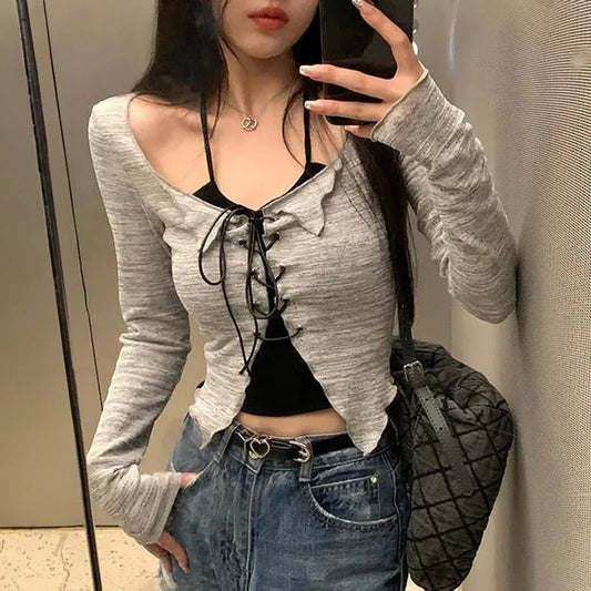 Two Piece Set Lace-up Cardigan with Cami Women's Sexy Slim Crop Long Sleeve Criss Cross Knit Tops
