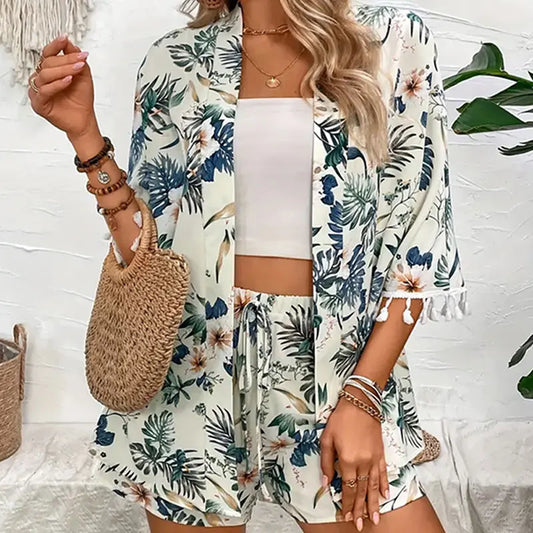 Two Piece Set For Women Open-front Cardigan Smock Flower Printed Beach Shorts Summer Suits